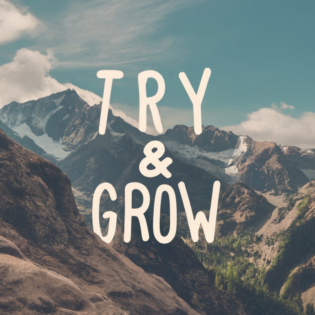 Try and Grow text on a moutainous background